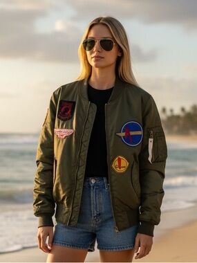 Olive Green Patch Bomber Jacket Flight Style Size L‎